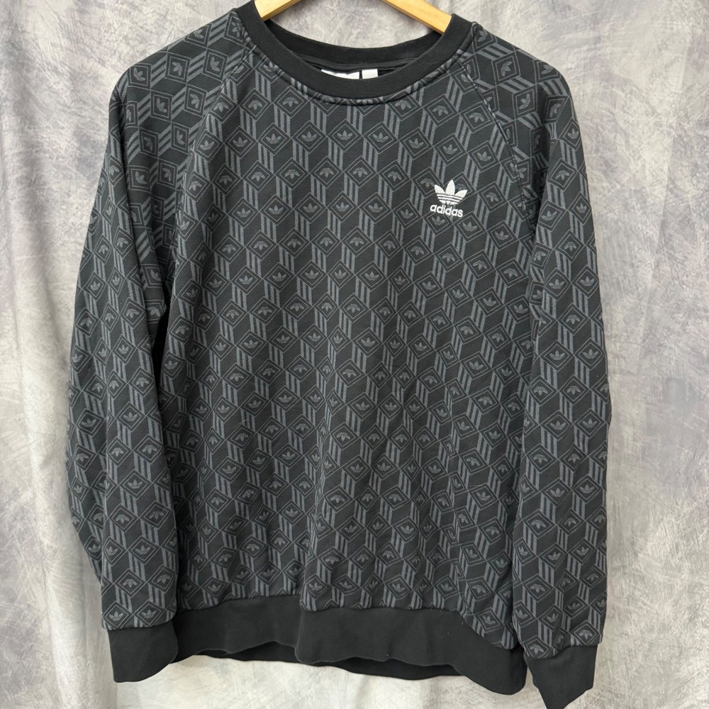 Adidas Originals Monogram Trefoil Geometric Print Sweatshirt Black Grey Mens L